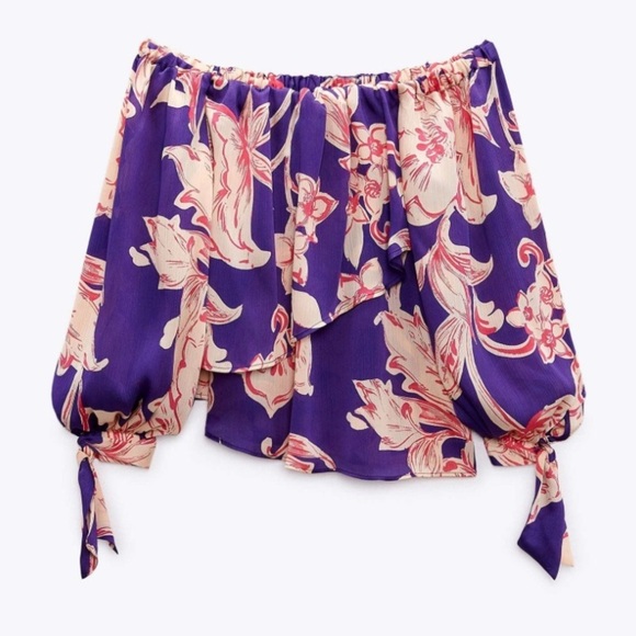 Zara top off shoulder blouse ruffle purple size small new - Picture 2 of 10